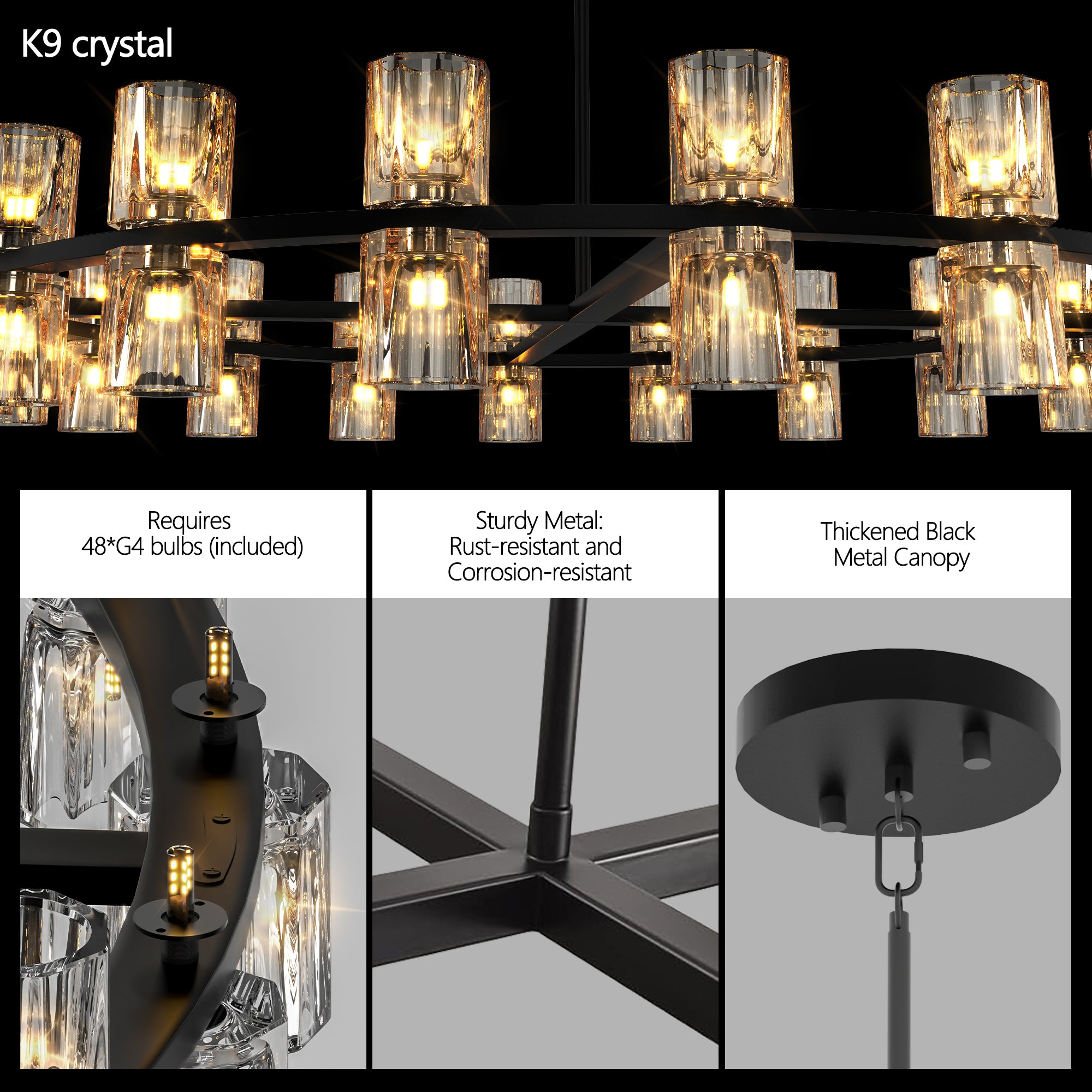 L005030-D48-P48B,W1340P310779, 48 Inches Luxury Chandeliers Crystal Living Room Decorative Lights Simple Modern Dining Room LED Lighting,for Home Decor Black ,Bulbs Included